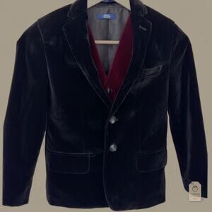 IZOD Boys Size 8 Velvet Blazer & Vest Set Black Burgundy Holiday Formal Suit 2pc